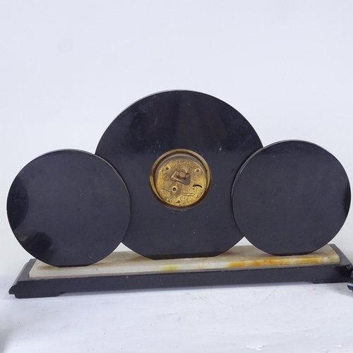 550 - An Art Deco green onyx and slate 8-day 3-piece clock garniture, circular panels with brass chapter r... 