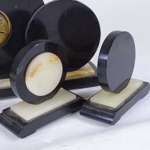 550 - An Art Deco green onyx and slate 8-day 3-piece clock garniture, circular panels with brass chapter r... 