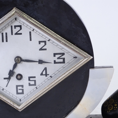 551 - An Art Deco slate and white onyx 30-hour mantel clock, silver diamond-shaped dial with Arabic numera... 