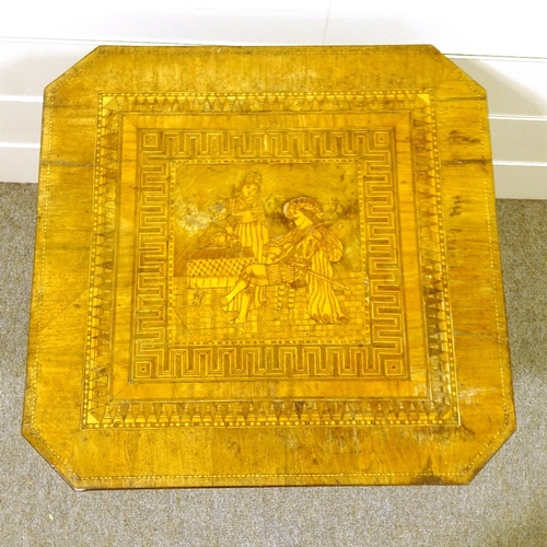 142 - A 19th century Italian walnut and marquetry inlaid centre table, the top decorated with a scene depi... 