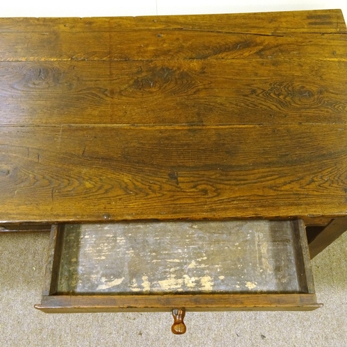 158 - An 18th century oak farmhouse table, with 2 frieze drawers and square stretchers, 175cm x 65cm