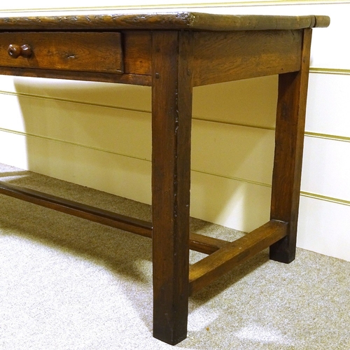 158 - An 18th century oak farmhouse table, with 2 frieze drawers and square stretchers, 175cm x 65cm