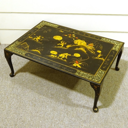 68 - A unique mid-century Japanned lacquer coffee table, with hand painted design depicting characters fr... 