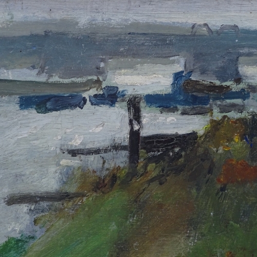 1003 - Fred Cuming, oil on board, shipping at Medway Rochester, signed with Exhibition label verso, purchas... 