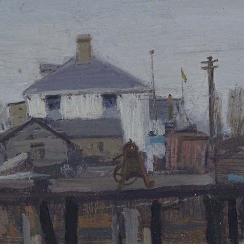 1004 - Fred Cuming, oil on board, boat houses The River Arun Littlehampton, signed with Exhibition labels v... 