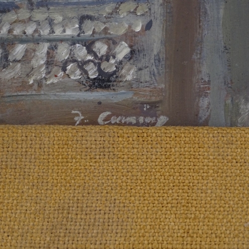 1004 - Fred Cuming, oil on board, boat houses The River Arun Littlehampton, signed with Exhibition labels v... 