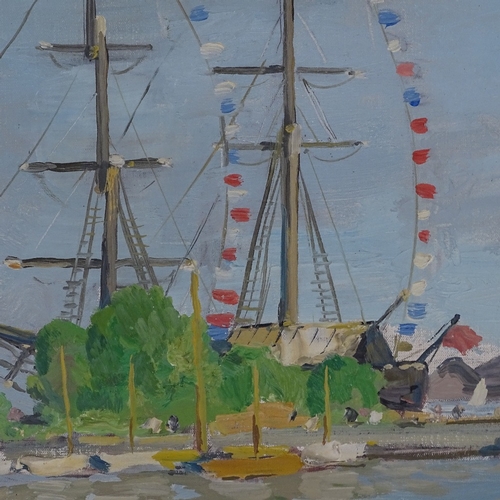 1009 - Allan Walton, oil on canvas, harbour scene, signed, with Gallery labels verso from Thomas Agnew & So... 