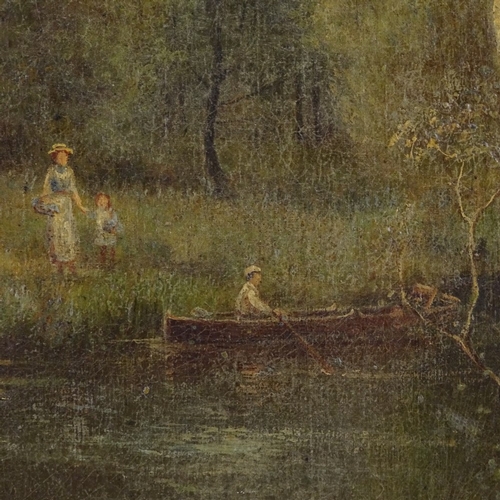 1033 - Henry Cooper, oil on canvas, woman and child watching a man in a rowing boat, signed, 30