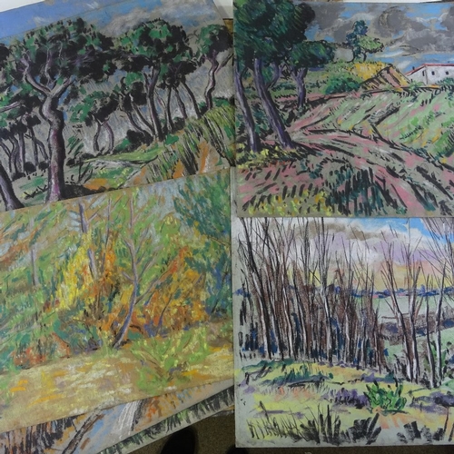 1039 - Folder of pastel drawings on paper, expressionist landscapes, some signed with monogram JV