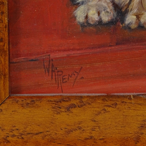 1045 - W A Remy, oil on board, Terrier puppies, signed, 6.5