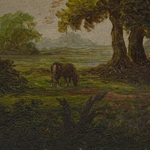 1046 - 19th/20th century oil on board, horse and figure in a landscape, unsigned, 5.5