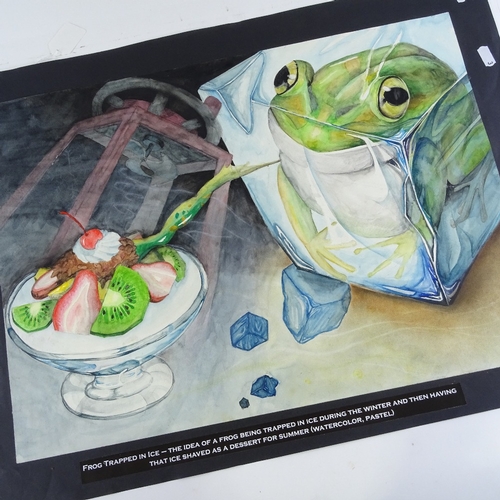 1068 - Watercolour, frog in ice, unsigned, 15