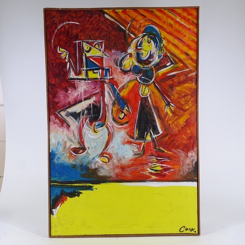 1075 - Cook, oil on canvas, abstract figures, signed, dated 1974 verso, 36