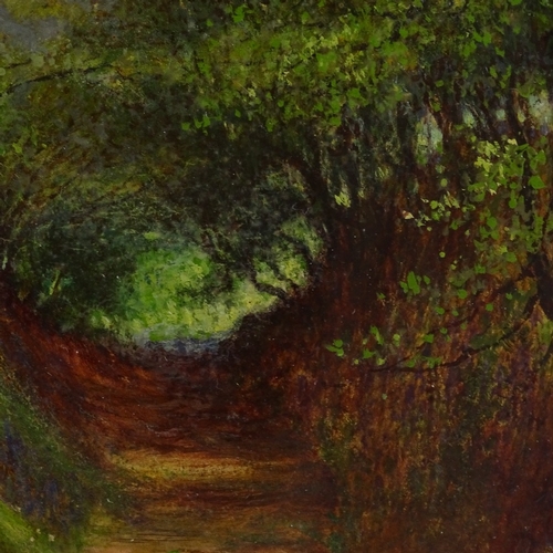 1085 - A Harding Norwood, oil on board, woodland path, signed, 11.5