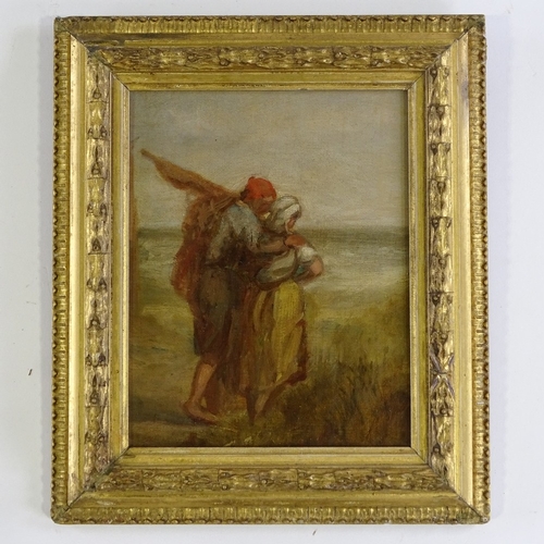 1094 - A small 19th century oil on canvas, fisherfolk on the beach, unsigned, 6