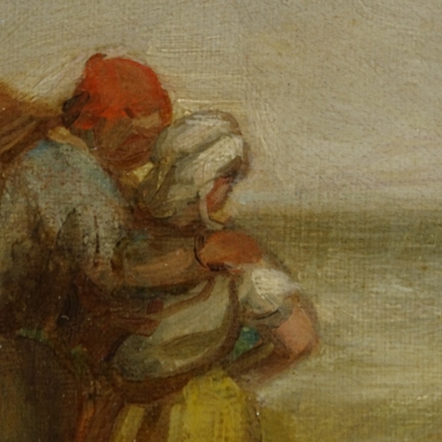 1094 - A small 19th century oil on canvas, fisherfolk on the beach, unsigned, 6