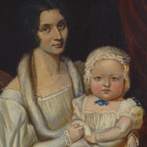 1097 - 19th century oil on board, portrait of a woman and child, unsigned, 14.5