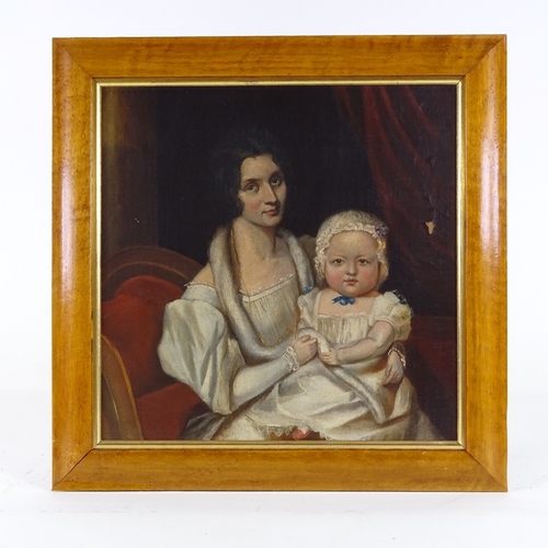 1097 - 19th century oil on board, portrait of a woman and child, unsigned, 14.5