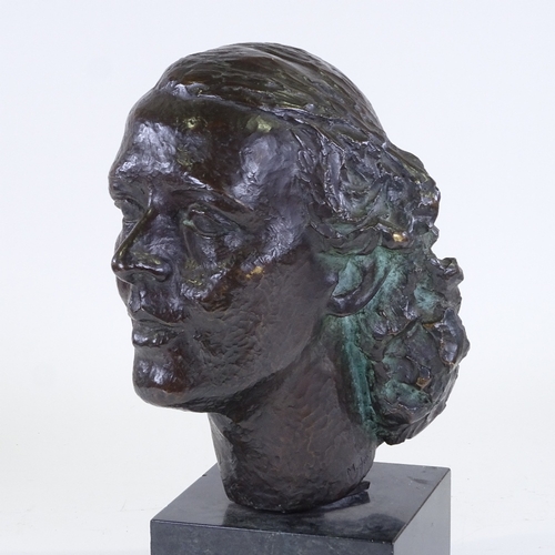 1101 - M Jovy, patinated bronze sculpture, woman's head on marble plinth, signed, height 16.5