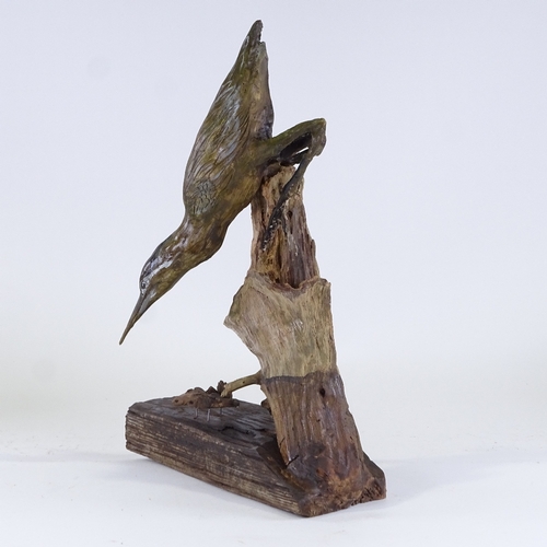 1103 - Clive Fredriksson, carved and painted wood sculpture, kingfisher, height 20