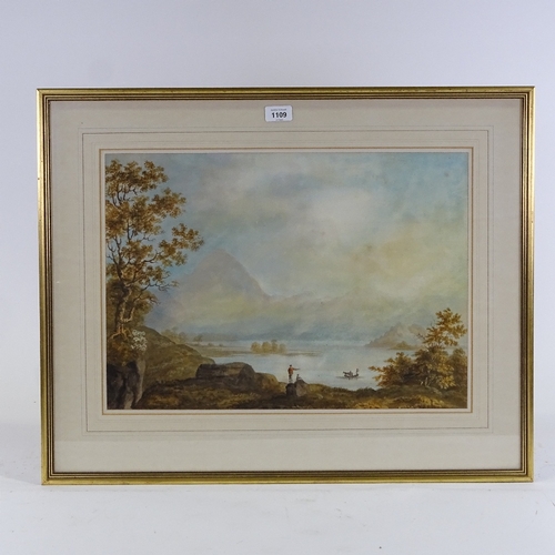 1109 - 19th century watercolour, lake scene, unsigned, 15