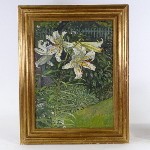 1124 - Mid-20th century oil on board, lilies in the garden, unsigned, 22