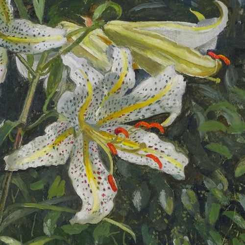 1124 - Mid-20th century oil on board, lilies in the garden, unsigned, 22