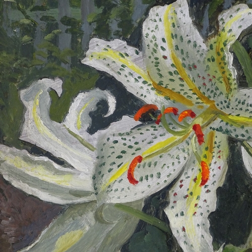 1124 - Mid-20th century oil on board, lilies in the garden, unsigned, 22