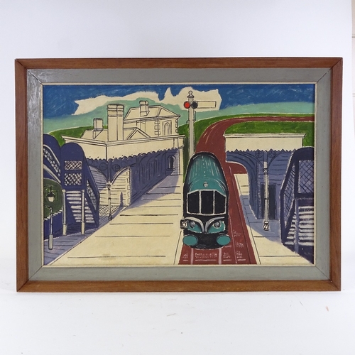 1125 - After Edward Bawden, oil on canvas, station, unsigned, 20