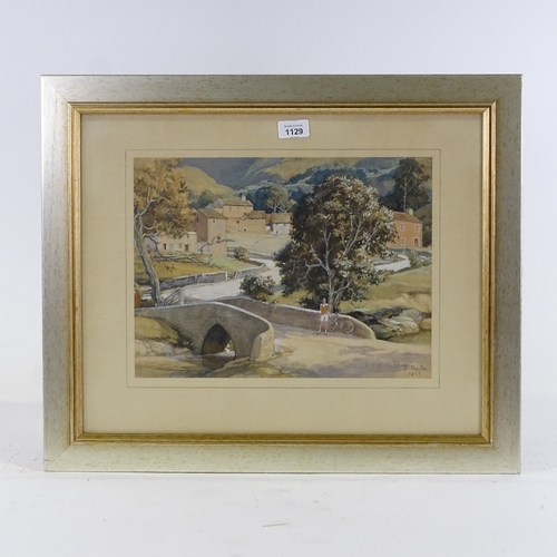 1129 - Lawrence Preston (1183 - 1960), watercolour, landscape with cyclist, signed and dated 1953, 11