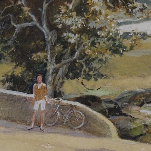 1129 - Lawrence Preston (1183 - 1960), watercolour, landscape with cyclist, signed and dated 1953, 11