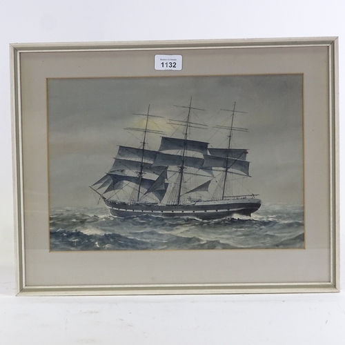 1132 - 19th/20th century watercolour, 3-masted sailing ship, signed with monogram, 10