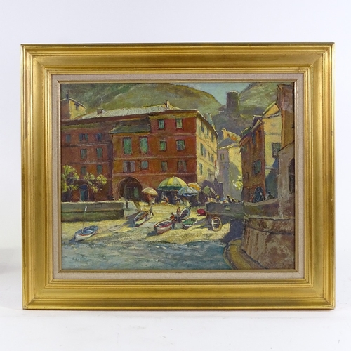 1134 - 20th century oil on board, Continental harbour scene, unsigned, 12.5