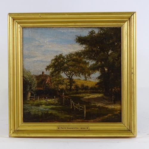 1139 - 19th century oil on board, a country lane, name plaque on frame Patrick Nasmyth, also inscribed vers... 