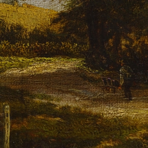 1139 - 19th century oil on board, a country lane, name plaque on frame Patrick Nasmyth, also inscribed vers... 