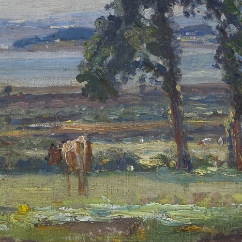 1146 - Mid-20th century oil on board, impressionist landscape with cattle, unsigned, 13.5