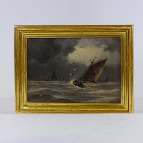 1158 - 19th century oil on canvas, sailing barges in a storm, unsigned, 10