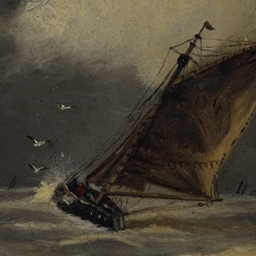 1158 - 19th century oil on canvas, sailing barges in a storm, unsigned, 10