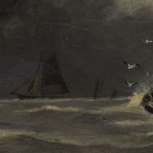 1158 - 19th century oil on canvas, sailing barges in a storm, unsigned, 10