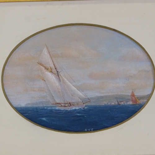 1159 - Oval coloured pastels, yachts off the coast, signed with initials AVS, 7