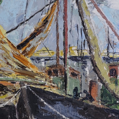 1167 - Expressionist oil on canvas, harbour scene, unsigned, 31