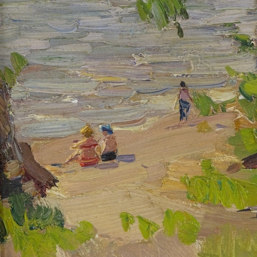 1177 - Russian School, oil on board, figures at the beach, 10.5