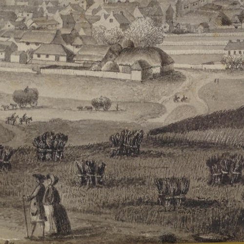 1180 - 19th century pencil sketch, panoramic view in Belgium, 8