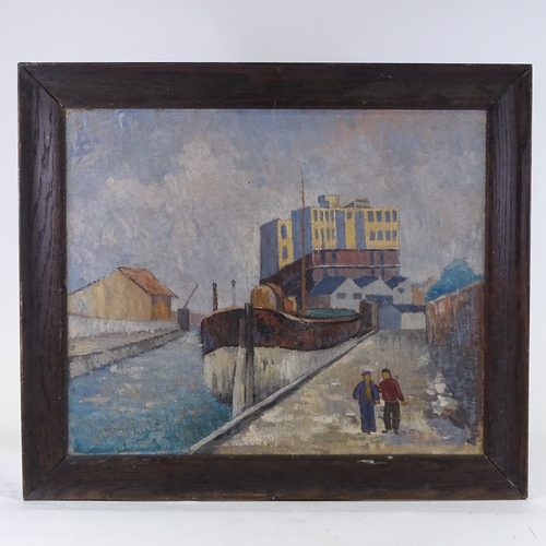 1181 - Mid 20th century oil on canvas, docklands scene, unsigned, 21