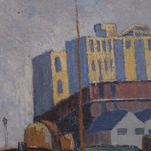 1181 - Mid 20th century oil on canvas, docklands scene, unsigned, 21