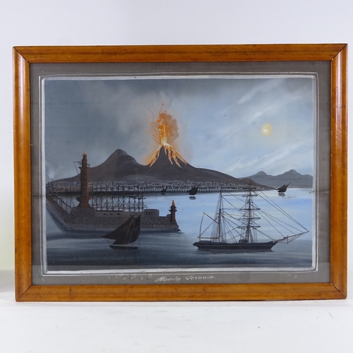 1193 - 19th century Italian School, gouache on paper, Vesuvius erupting by moonlight, unsigned, 19