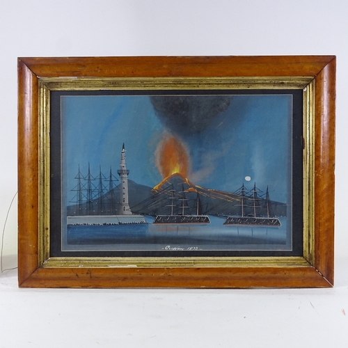 1194 - 19th century Italian School, pair of gouache on paper, views of Vesuvius erupting by night and day, ... 