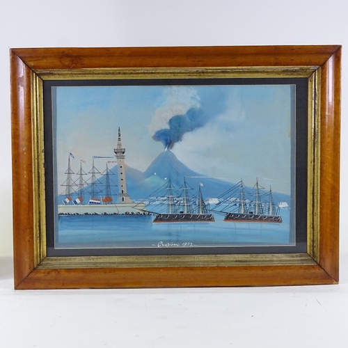 1194 - 19th century Italian School, pair of gouache on paper, views of Vesuvius erupting by night and day, ... 