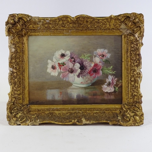 1213 - J W Schofield, watercolour, anemones, signed with RI Exhibition label verso, 12