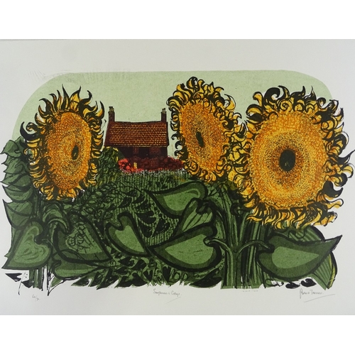 1218 - Robert Tavener (1920 - 2004), lino-cut, sunflowers and cottage, signed in pencil, no. 64/70, sheet s... 